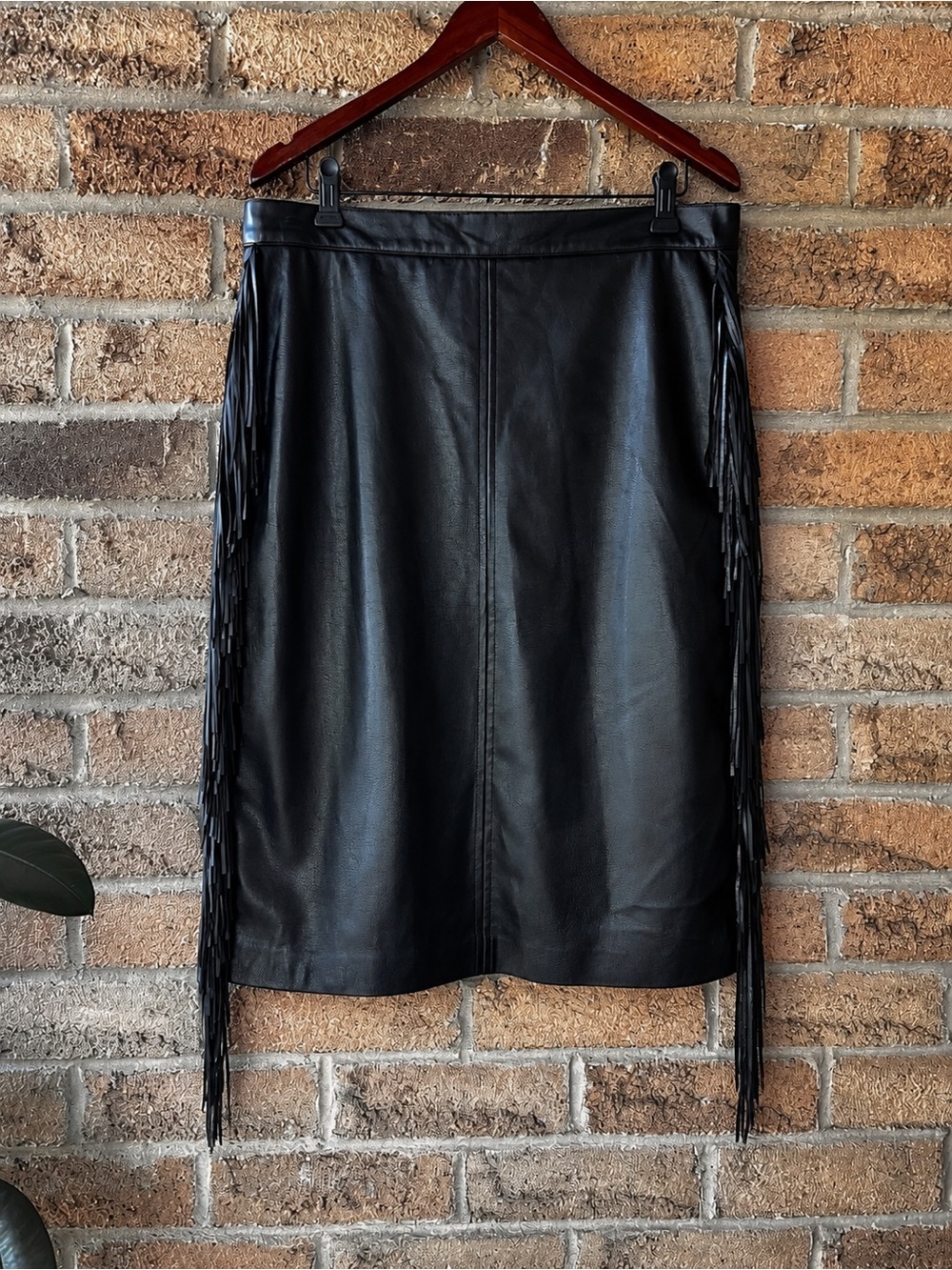 H&M Edition Black Coated Faux Leather Fringe Pencil Skirt High Waist Size 12